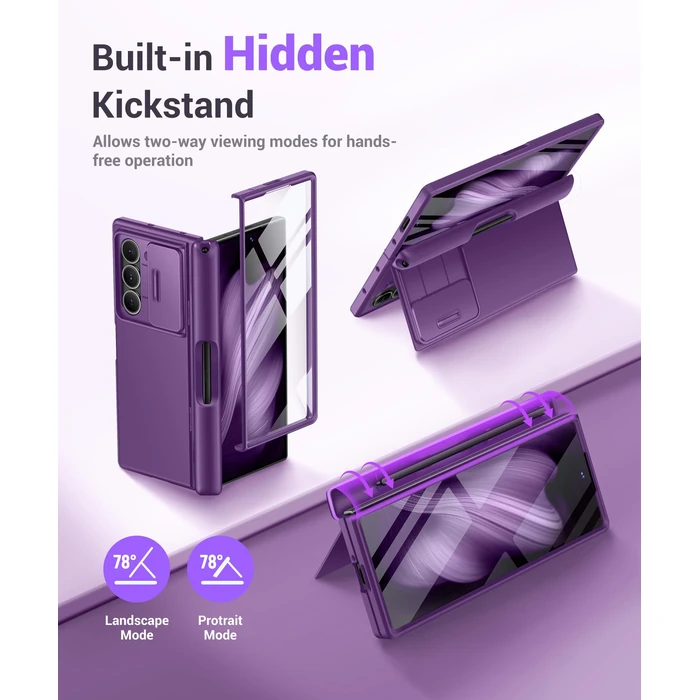 BERFY for Z Fold 6 Case with Screen Protector, Built-in S Pen Holder, Slide Camera Cover, Hidden Kickstand, Full Body Shockproof Slim Phone Case for Samsung Galaxy Z Fold 6, Purple by BERFY - Image 3