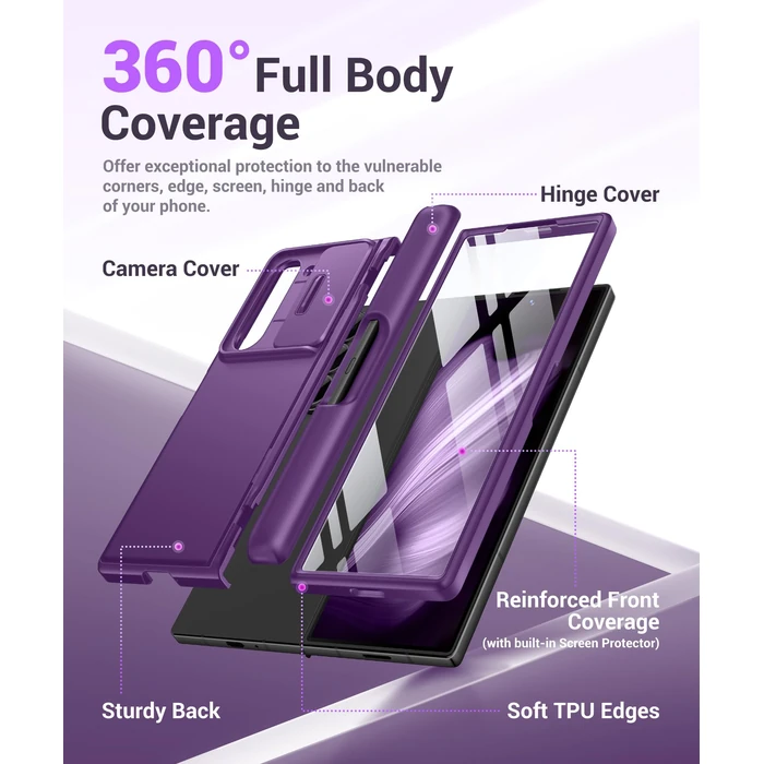 BERFY for Z Fold 6 Case with Screen Protector, Built-in S Pen Holder, Slide Camera Cover, Hidden Kickstand, Full Body Shockproof Slim Phone Case for Samsung Galaxy Z Fold 6, Purple by BERFY - Image 5