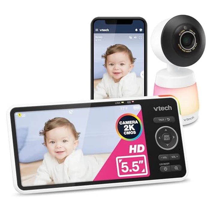 VTech Smart HD Plus WiFi Baby Monitor - 2K Camera, 5.5" HD IPS Screen, 24X Pan Tilt Zoom, Multi-Color Night Light, Free App by VTech - Image 1