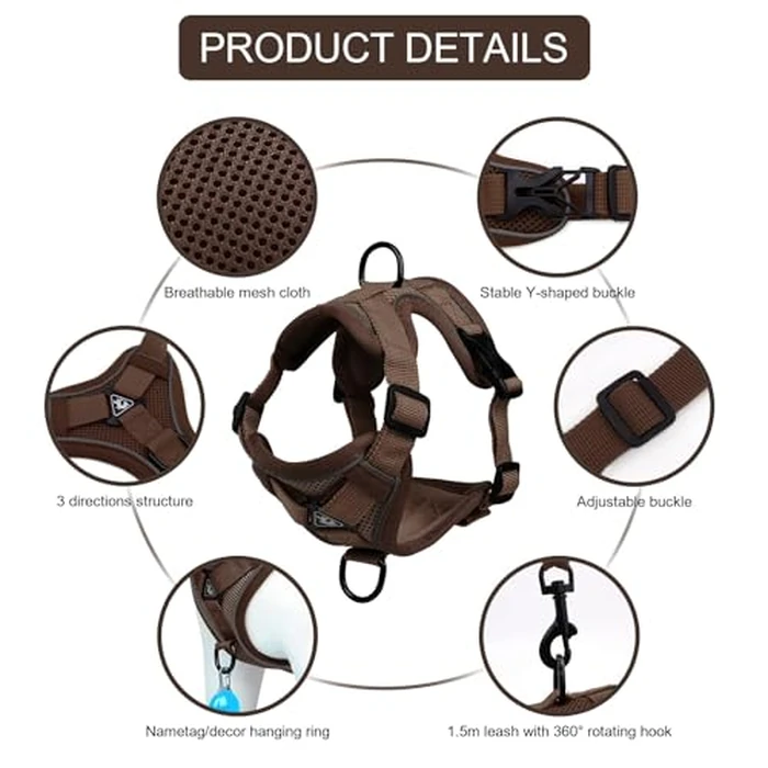 Vest Harness Leash Set for Small Dog Large Cat, Upgraded Escape Proof Adjustable Jacket with Lead for Puppy Fat Cat Outdoor Walking, Soft Breathable Mesh Coat with Reflective Strip (XL,Coffee Brown) by skmeditec - Image 3