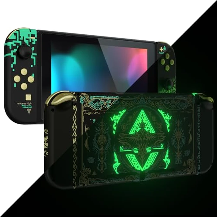 eXtremeRate DIY Replacement Shell Buttons for Nintendo Switch, Back Plate for Switch Console, Housing with Full Set Buttons for Joycon Handheld Controller - Glow in Dark - Totem of Kingdom Black by eXtremeRate - Image 1
