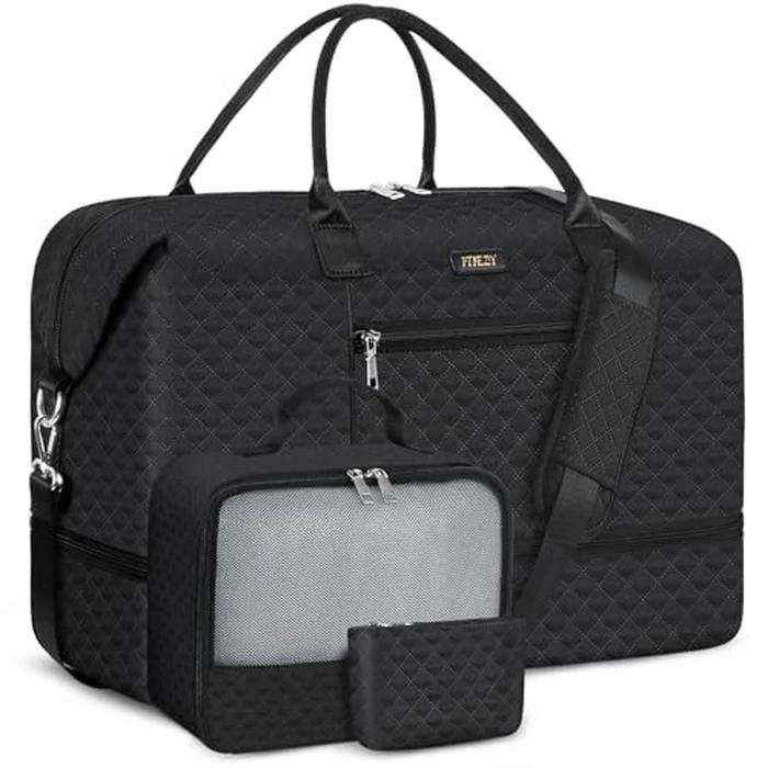 Weekender Bag for Women, Travel Duffel Bag Carry On Overnight Bag with Shoe Compartment Large Nylon Travel Weekend Tote Bag, 9a-black, L by ITIEZY - Used - Like New condition - US$35.99