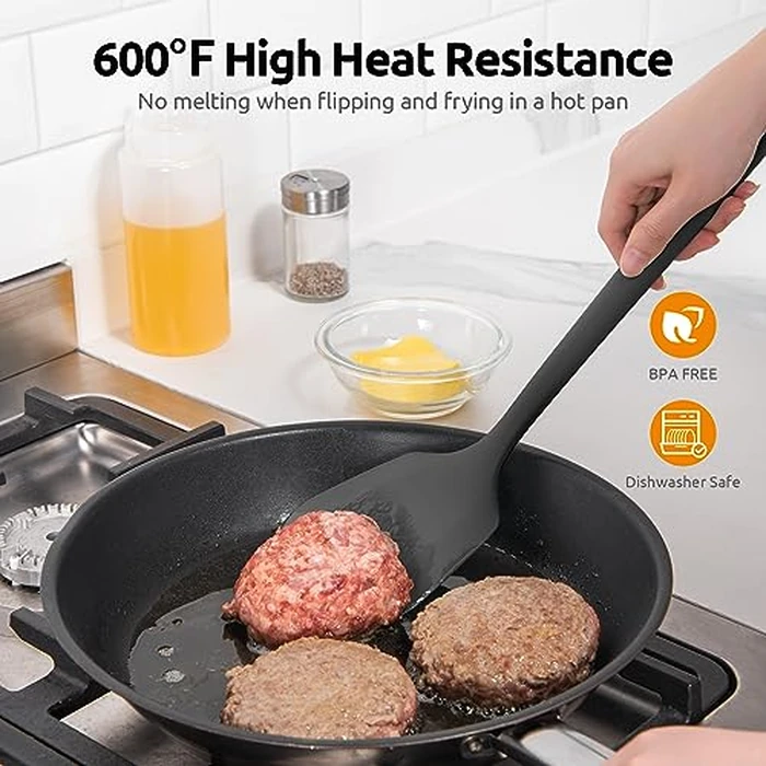 600ºF Heat Resistant Silicone Turner: U-Taste 13.6in Solid Kitchen Spatula Flipper, Food Grade Flexible & Thin Rubber Seamless Cooking Utensil for Flipping Egg, Pancake in Nonstick Cookware (Black) by U-Taste - Image 3