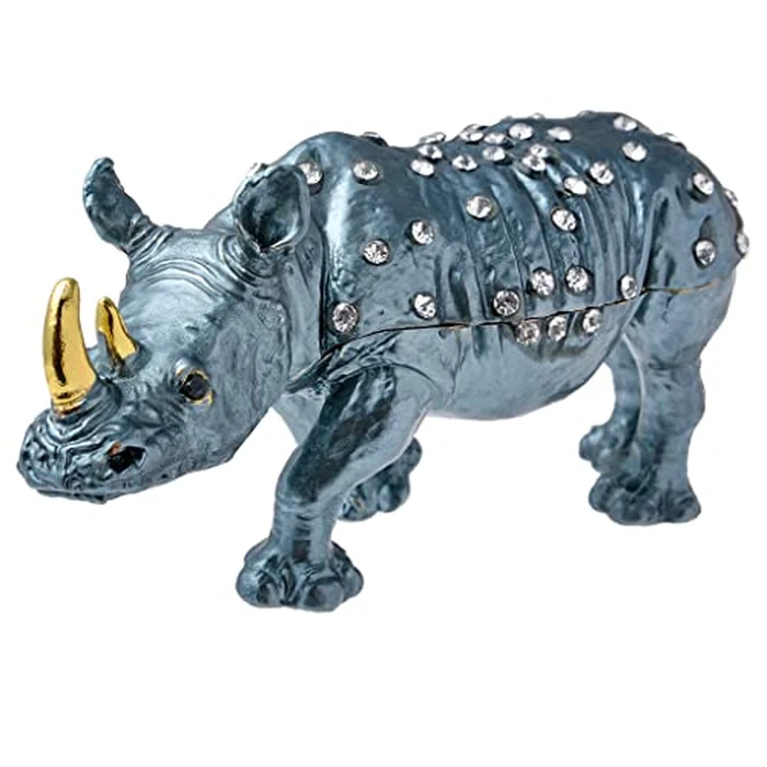 FJ FENGZHIJIE Golden Jeweled Enameled Rhinoceros Jewelry Box, Hand-Painted Hinged Rhino Trinket Box, Elegant Home Décor & Unique Gift for Animal Lovers by FJ FENGZHIJIE - Image 1