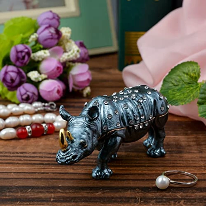 FJ FENGZHIJIE Golden Jeweled Enameled Rhinoceros Jewelry Box, Hand-Painted Hinged Rhino Trinket Box, Elegant Home Décor & Unique Gift for Animal Lovers by FJ FENGZHIJIE - Image 3
