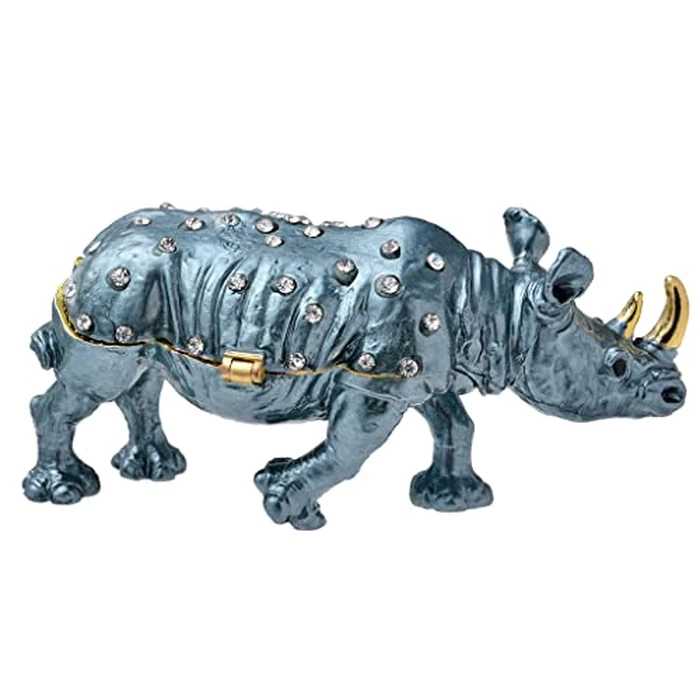 FJ FENGZHIJIE Golden Jeweled Enameled Rhinoceros Jewelry Box, Hand-Painted Hinged Rhino Trinket Box, Elegant Home Décor & Unique Gift for Animal Lovers by FJ FENGZHIJIE - Image 5