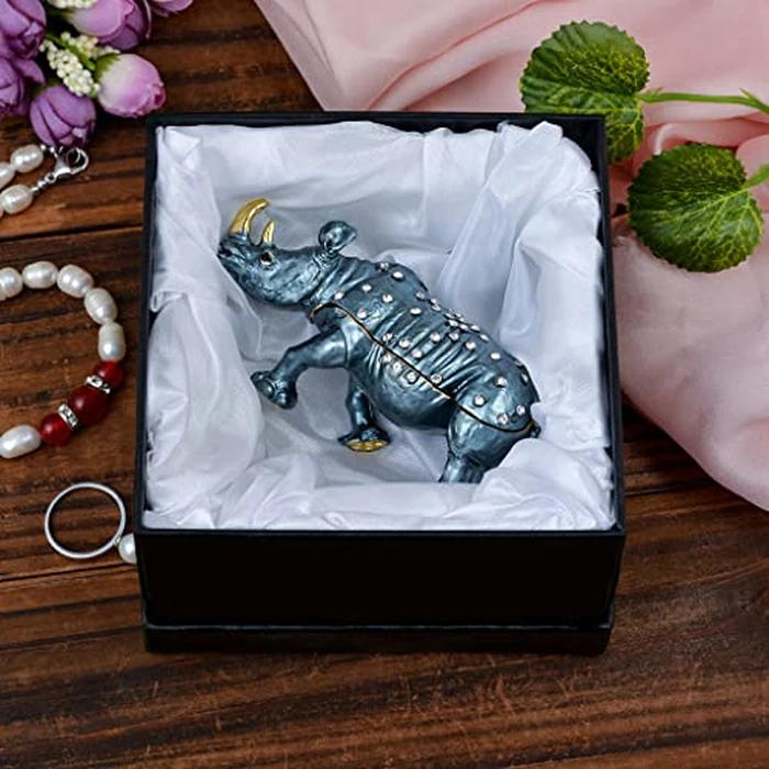 FJ FENGZHIJIE Golden Jeweled Enameled Rhinoceros Jewelry Box, Hand-Painted Hinged Rhino Trinket Box, Elegant Home Décor & Unique Gift for Animal Lovers by FJ FENGZHIJIE - Image 6