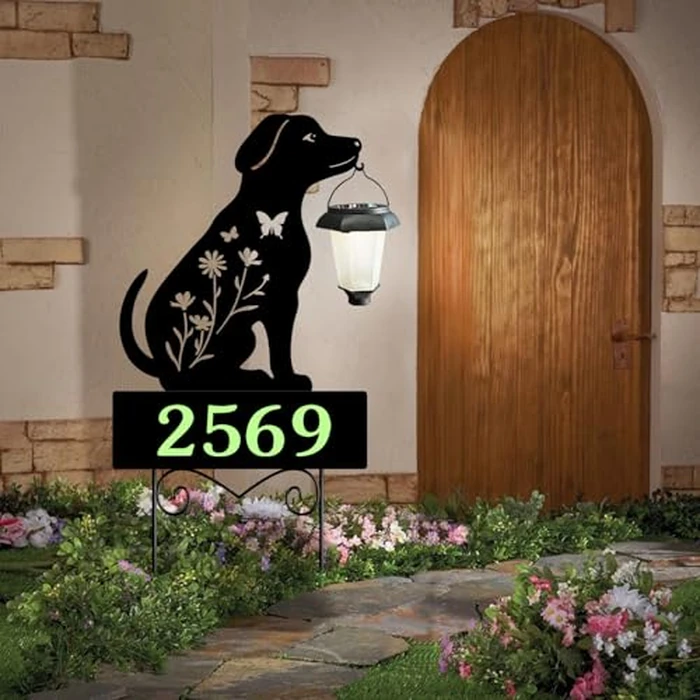 Solar House Numbers for Outside,YY Gardenia Metal Dog Address Signs for Houses with Glow in the Dark,Outdoor Decorative for Garden,Lawn,Patio,Pathway by YY Gardenia - Used - Like New condition - US$26.50