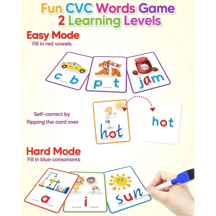 Gojmzo CVC Word Writing & Spelling Flash Cards, Preschool Learning Toddler Activities, Kindergarten Homeschool Supplies, Sight Words Reading Game, Montessori Educational Toys for 3 4 5 6 Year Old Kids by Gojmzo - Image 3