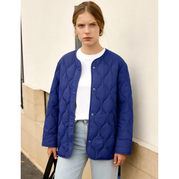 Flygo Women's Oversized Quilted Lightweight Jacket Button Down Puffer Padded Outerwear with Pocket(DarkBlue-L) by Flygo - Image 3