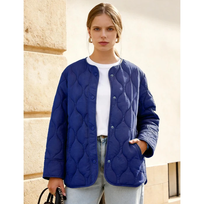 Flygo Women's Oversized Quilted Lightweight Jacket Button Down Puffer Padded Outerwear with Pocket(DarkBlue-L) by Flygo - Image 4