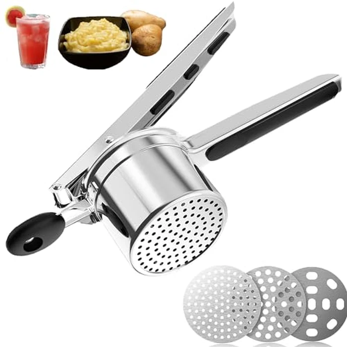 Potato Ricer Stainless Steel Masher, Upgraded Sturdy Durable Potato Masher with 3 Interchangeable Ricing Discs Premium Grade Kitchen Tool for Smooth Mashed Potatoes, Fruits, Vegetables and Baby Food by ZKKEIIE - Used - Like New condition