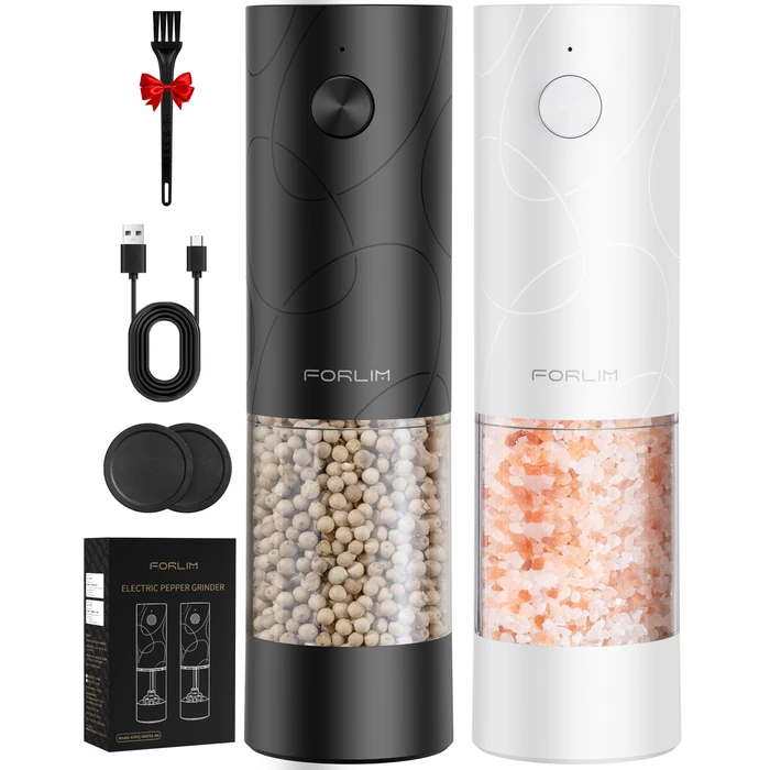 FORLIM Electric Salt and Pepper Grinder Set, USB Rechargeable, Automatic Salt Pepper Mill Grinder with Dust Cover, One-Button Control, Adjustable Coarseness, Warm LED Light (2 Packs, Black&White) by FORLIM - Image 1