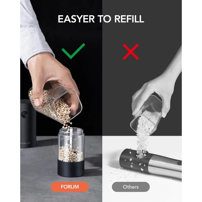 FORLIM Electric Salt and Pepper Grinder Set, USB Rechargeable, Automatic Salt Pepper Mill Grinder with Dust Cover, One-Button Control, Adjustable Coarseness, Warm LED Light (2 Packs, Black&White) by FORLIM - Image 6