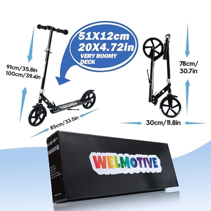 Kick Scooter for Kids Ages 6+, Teens & Adults, Adjustable Handlebars, Rear Brake, Big Wheel Foldable Scooter for Indoor & Outdoor by Welmotive - Image 5