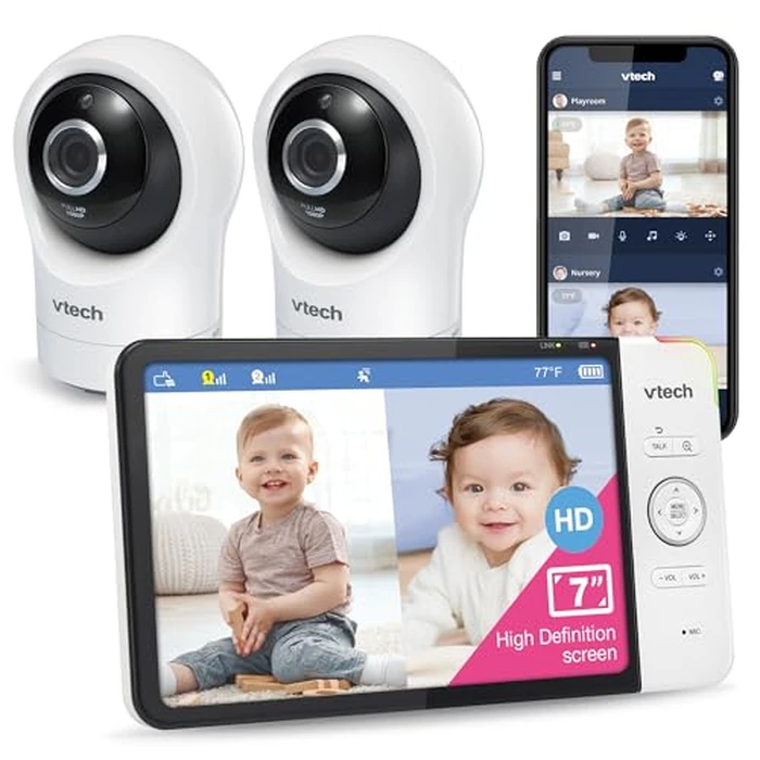 VTech RM7764-2HD Smart WiFi Baby Monitor with 2 Cameras, 1080p HD Video, 360 degrees Pan & Tilt, 10x Zoom, 7" HD Parent Unit, Night Vision, Soothing Sounds, 2-Way Talk, Temperature & Motion Detection by VTech - Used - Acceptable condition - US$126.64