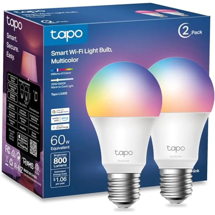 TP-Link Tapo Smart Wi-Fi Light Bulbs, 16M Colors RGBW, Dimmable, Compatible w/Alexa and Google Home, A19, 60W Equivalent, 800LM, 2.4GHz WiFi only, No Hub Required, Tapo L530E(2-Pack) by Tapo - Used - Like New condition - CA$20.06
