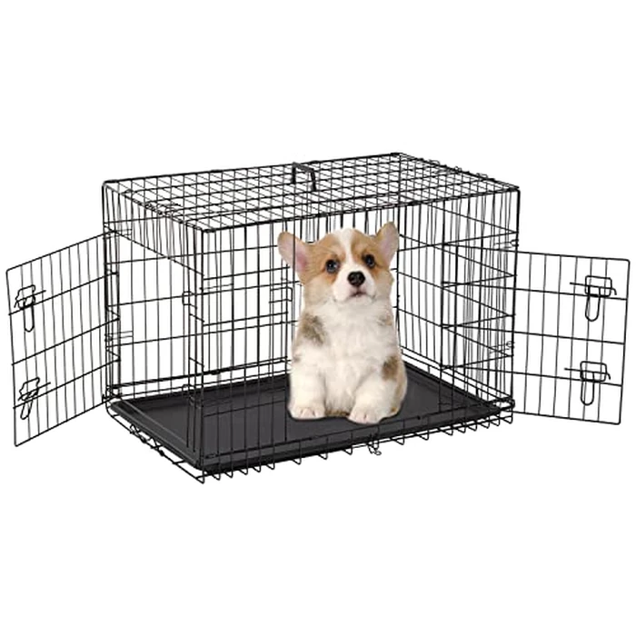 FDW Dog Crate for Dogs Folding Metal WirePet Cage W/Divider Panel Indoor Outdoor Kennel Leak-Proof Plastic Tray (Black, 30 inch, Double Door) by FDW - Used - Very Good condition