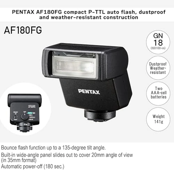 PENTAX AF180FG Compact P-TTL auto Flash, dustproof and Weather-Resistant Construction, Bounce-Flash functionality, Simplified Operation by Pentax - Image 3