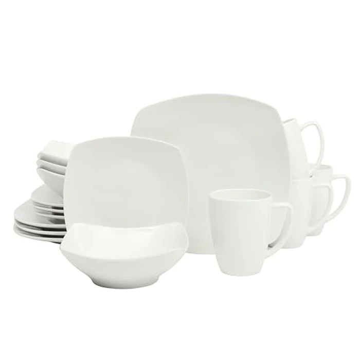 Gibson Home Zen Buffet White Porcelain Dinnerware Set for 4, Square Plates Bowls and Mugs, Chip and Scratch Resistant, Dishwasher and Microwave Safe, 16 Piece by Gibson Home - Image 1