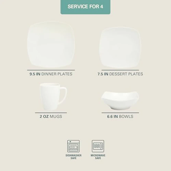 Gibson Home Zen Buffet White Porcelain Dinnerware Set for 4, Square Plates Bowls and Mugs, Chip and Scratch Resistant, Dishwasher and Microwave Safe, 16 Piece by Gibson Home - Image 2