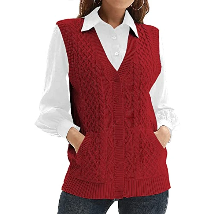 Womens’Knit Sweater Vest V Neck Sleeveless Cardigan Button Down Sweater Pocket Outwear Tops Red Wine by NIUBIA - Used - Like New condition