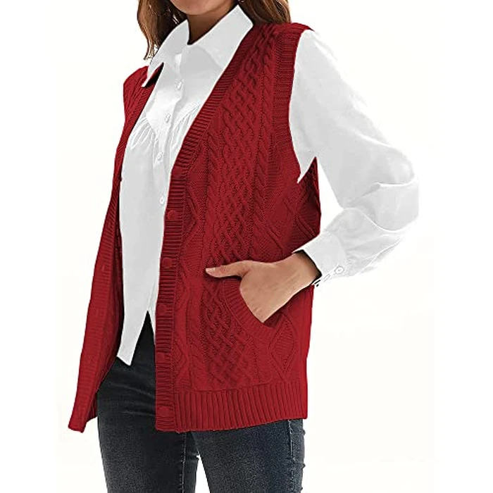 Womens’Knit Sweater Vest V Neck Sleeveless Cardigan Button Down Sweater Pocket Outwear Tops Red Wine by NIUBIA - Image 2