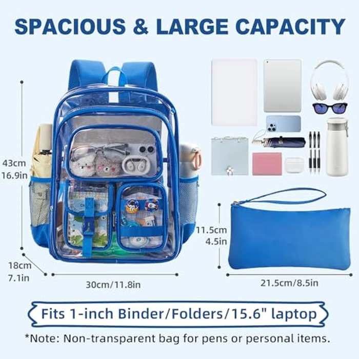 Unineovo Clear Bookbag with Chest Strap, 17" Heavy Duty See Through Backpack with Anti-theft Hook & S-shaped Shouler Straps, Large Clear Bags for Work Sport School Travel by Unineovo - Image 2