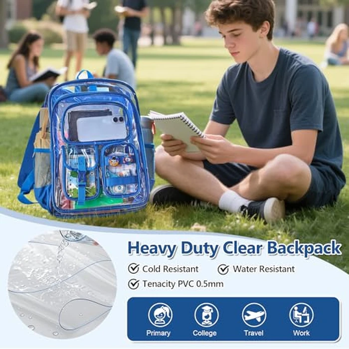 Unineovo Clear Bookbag with Chest Strap, 17" Heavy Duty See Through Backpack with Anti-theft Hook & S-shaped Shouler Straps, Large Clear Bags for Work Sport School Travel by Unineovo - Image 3
