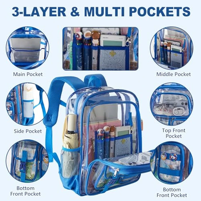 Unineovo Clear Bookbag with Chest Strap, 17" Heavy Duty See Through Backpack with Anti-theft Hook & S-shaped Shouler Straps, Large Clear Bags for Work Sport School Travel by Unineovo - Image 4