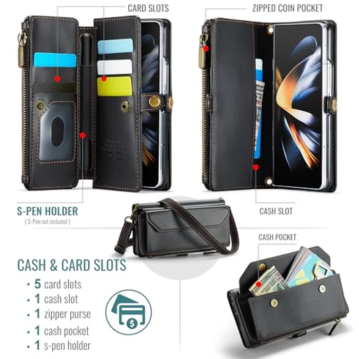 Asuwish Phone Case for Samsung Galaxy Z Fold 4 5G 2022 Zipper Wallet Cover with S Pen and Leather Flip RFID Blocking Credit Card Holder Cell Accessories ZFold4 Z4 Fold4 4Z ZFold45G Women Girls Black by Asuwish - Image 2