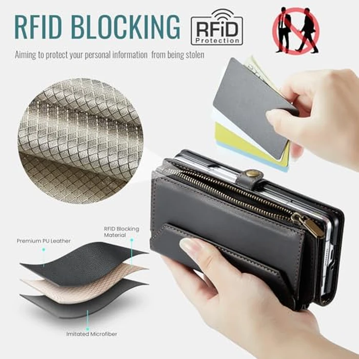 Asuwish Phone Case for Samsung Galaxy Z Fold 4 5G 2022 Zipper Wallet Cover with S Pen and Leather Flip RFID Blocking Credit Card Holder Cell Accessories ZFold4 Z4 Fold4 4Z ZFold45G Women Girls Black by Asuwish - Image 4