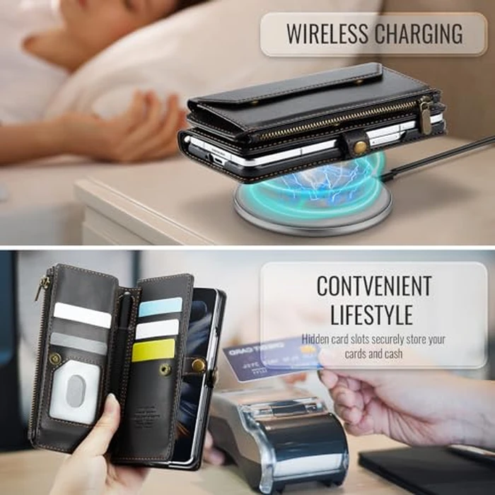 Asuwish Phone Case for Samsung Galaxy Z Fold 4 5G 2022 Zipper Wallet Cover with S Pen and Leather Flip RFID Blocking Credit Card Holder Cell Accessories ZFold4 Z4 Fold4 4Z ZFold45G Women Girls Black by Asuwish - Image 7