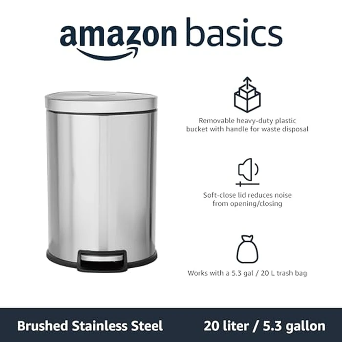 Amazon Basics Round Soft-Close Trash Can - 20L, C-10079S-20L, Brushed Stainless Steel by Amazon Basics - Used - Very Good condition - CA$48.81