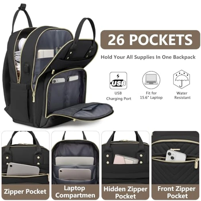 Laptop Backpack for Women Work Bag - 15.6 inch Black Travel Backpack College Backpack with USB Charger Business Office Back Pack for Teacher Casual Waterproof Bookbag for Nurses by bagswan - Image 2