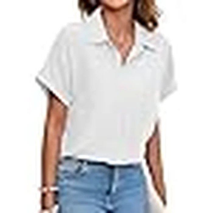 Poplab Button Down Shirts for Women Short Sleeve Business Casual Tops Work Blouses White S by Poplab - Image 3