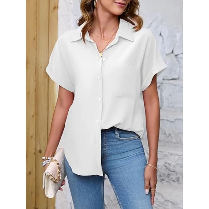 Poplab Button Down Shirts for Women Short Sleeve Business Casual Tops Work Blouses White S by Poplab - Image 5