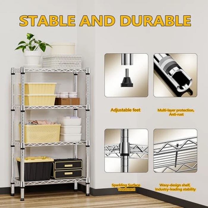 MZG 1000 lbs 4-Shelf Standing Storage Shelves Heavy Duty Metal Shelving Unit Corrosion Resistant Wire Rack for Office Garage Kitchen Closet, Chrome 30 x 65 x 115.6 (cm) by M MZG - Image 5