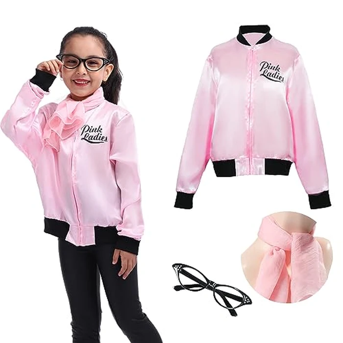 Leadtex 1950s Girls Party Pink Jacket Grils 50s Costume with Chiffon Pink Neck Scarfs and Black Cat Eye Glasses(S) by Leadtex - Used - Like New condition - US$18.99