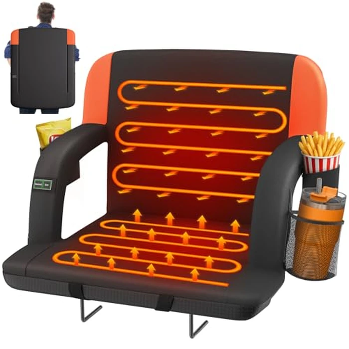 HOPERAN 25" Dual-Sided Heated Stadium Seats for Bleachers with Back Support, 3 Levels Heating Bleacher Seats with Backs and Cushion Wide, 5 Pockets Portable Stadium Chair for Outdoor Games Sports by HOPERAN - Used - Like New condition