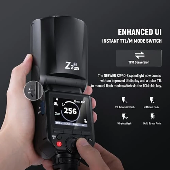 NEEWER Z2PRO-S 2.4G TTL Round Head Flash Speedlite Compatible with Sony, Wireless Compatible with Godox, 76Ws 1/8000s HSS, Upgraded UI, TTL/M TCM Switch, 7.2V/3000mAh Battery, 600 Full Power Flash by NEEWER - Image 4