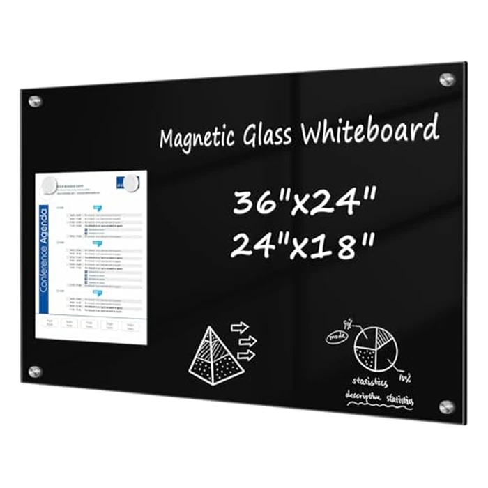 QUEENLINK Magnetic Glass Whiteboard, 36"X24" Dry Erase Board for Wall, Large Frameless Glass White Board with 1 Marker Tray and 6 Magnets for Office, Home, Classroom - Black by Queenlink - Image 1