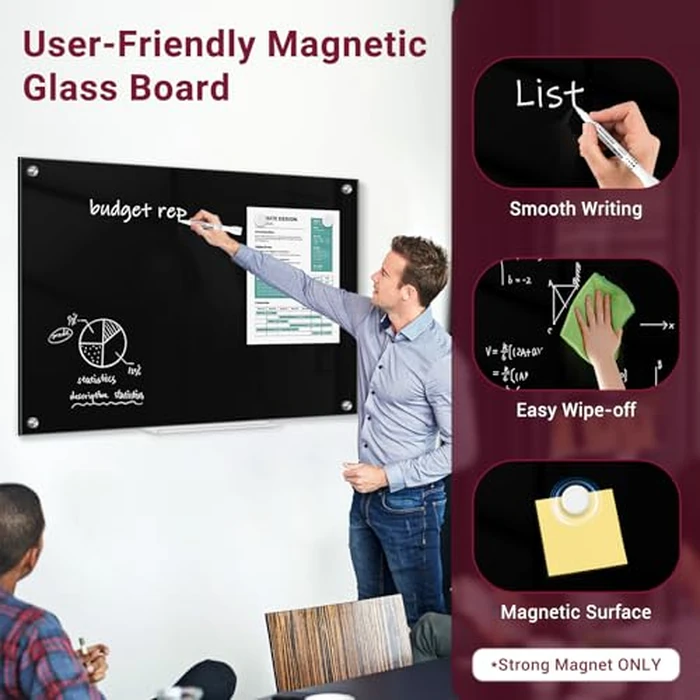 QUEENLINK Magnetic Glass Whiteboard, 36"X24" Dry Erase Board for Wall, Large Frameless Glass White Board with 1 Marker Tray and 6 Magnets for Office, Home, Classroom - Black by Queenlink - Image 2