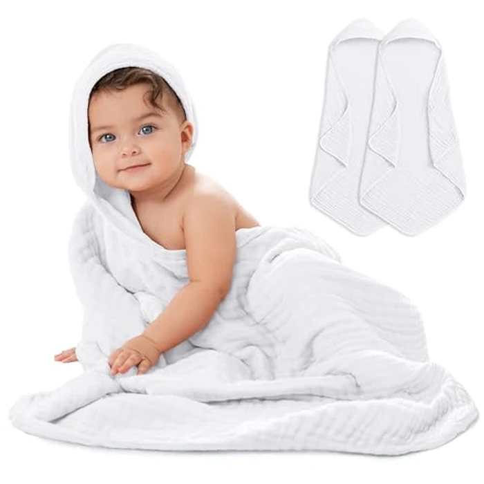 Comfy Cubs Hooded Baby Towel 2-Pack, Large 81 x 81 cm - 6 Layer 100% Muslin Cotton for Babies, Toddlers and Kids - Soft & Absorbent Baby Bath Towels - Unisex Design for Bath Time - White by Comfy Cubs - Used - Very Good condition - CA$17.99