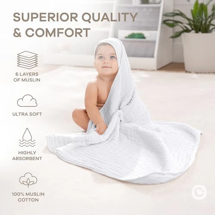 Comfy Cubs Hooded Baby Towel 2-Pack, Large 81 x 81 cm - 6 Layer 100% Muslin Cotton for Babies, Toddlers and Kids - Soft & Absorbent Baby Bath Towels - Unisex Design for Bath Time - White by Comfy Cubs - Image 4