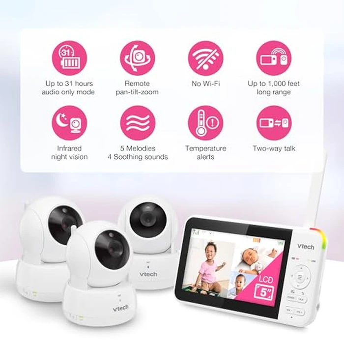VTech VM924-3 5" Pan Tilt Zoom Video Baby Monitor with 3 Cameras - No WiFi, 17Hr Battery, 1000ft Range, Night Vision & Lullabies - Ideal for New Parents by VTech - Image 2