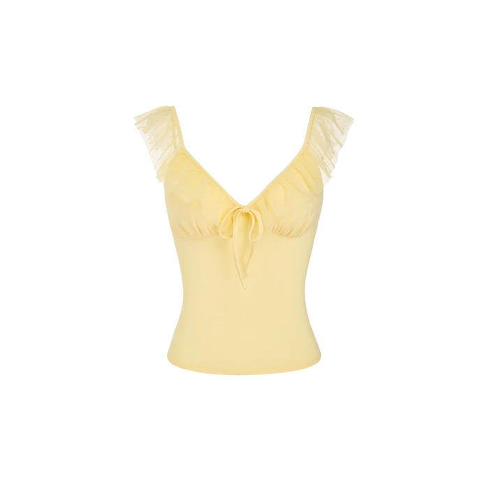 CIDER Women‘s Short Sleeve V Neck Tank Top Tie Front Sweetheart Cut Crop Top: Yellow, S by CIDER - Used - Like New condition - US$20.78