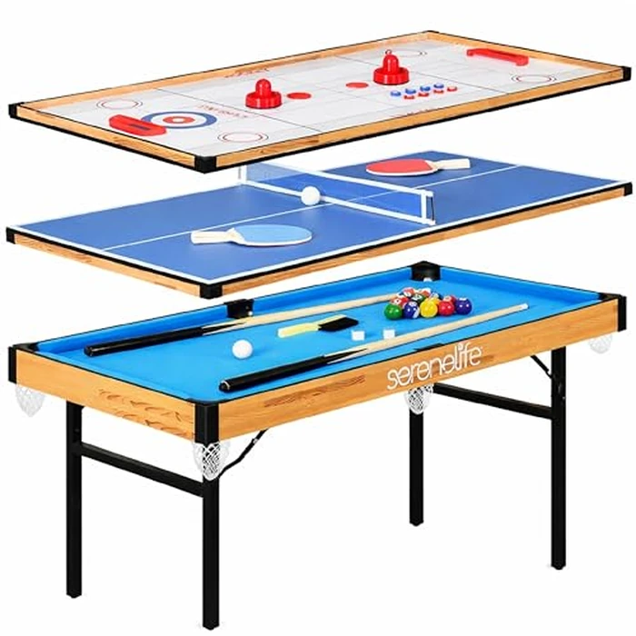 SereneLife 4 in 1 Multi Game Table, 4’x2’ Folding Portable Sports Arcade Games with Accessories, Ping Pong, Air Hockey, Pool Billiards, and Shuffleboard, for Indoor, Outdoor, All Ages by SereneLife - Used - Very Good condition