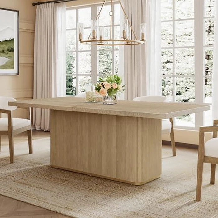 Christopher Knight Home Scout 84 Inch Dining Table for 6 People, Modern Kitchen Table with Pillar Legs, Wooden Rectangular Spacious Dinner Furniture for Dining Room, Home Office, Natural by Christopher Knight Home - Image 1