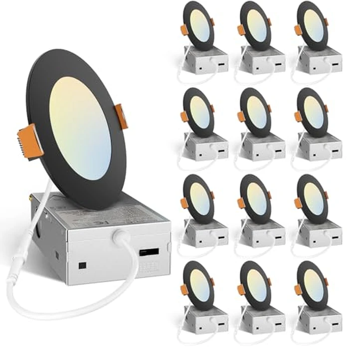 Amico 12 Pack 4 Inch 5CCT Ultra-Thin LED Recessed Ceiling Light with J-Box, 2700K/3000K/3500K/4000K/5000K Selectable, 11W Eqv 70W, Dimmable Canless Downlight, 800LM High Brightness, Black - ETL by Amico - Image 1